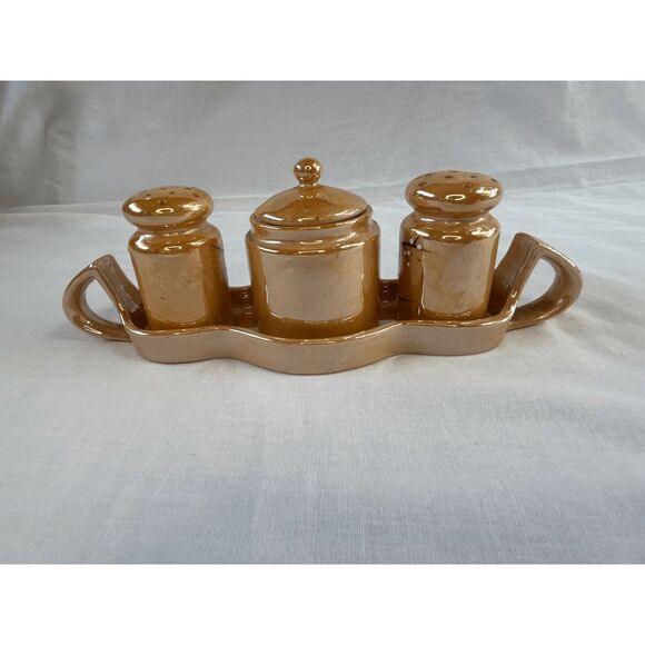 Vintage Lusterware Salt/Pepper/Sugar Set in Holder, Peach Flowers, Made in Japan - Picture 6 of 11